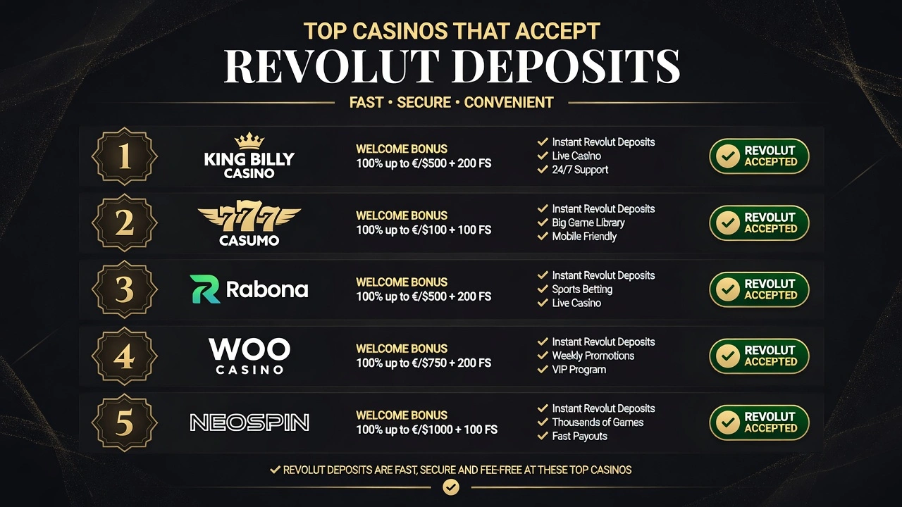 Top casinos that accept Revolut deposits